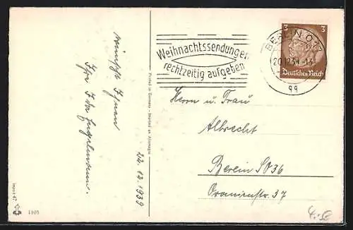 AK Weihnachtsgruss, Tannenzweig, Glocke und Mistelzweig