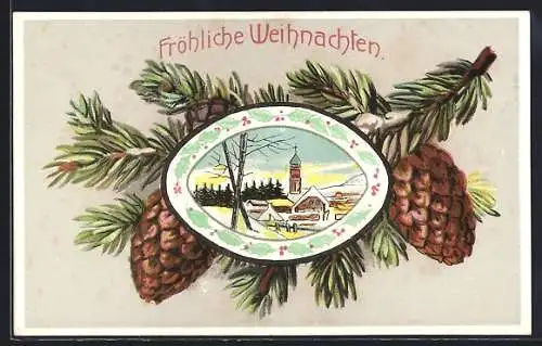 AK Fröhliche Weihnachten, Winterliches Dorf im Tannen-Passepartout