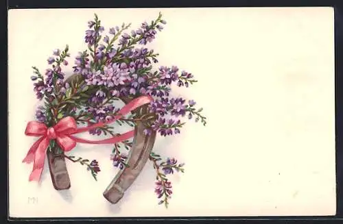 AK Hufeisen mit blühender heide und rosa Schleife