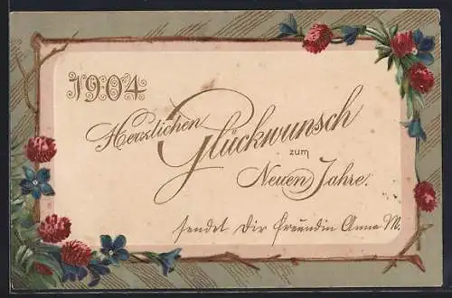 Präge-AK Jahreszahl 1904, Neujahrsgruss im Blumen-Passepartout