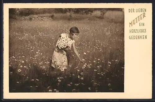 AK Gruss zum Muttertag, Mädchen pflückt Blumen auf einer Wiese