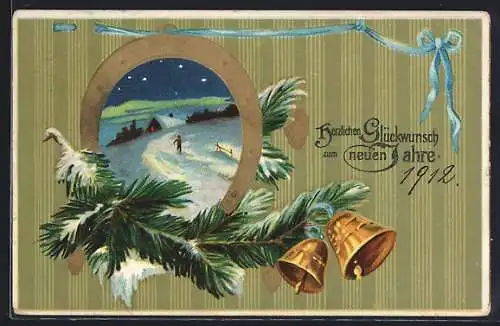 Präge-AK Winterlandschaft gerahmt von Hufeisen, Neujahrsgruss