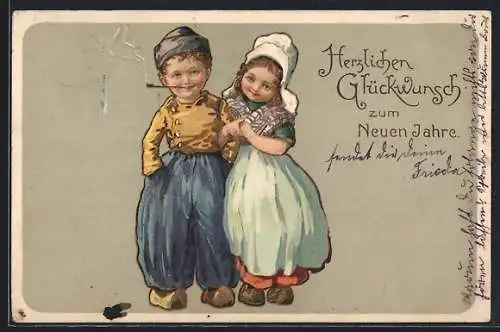 Künstler-AK Kinder in holländischer Tracht mit Neujahrsgruss