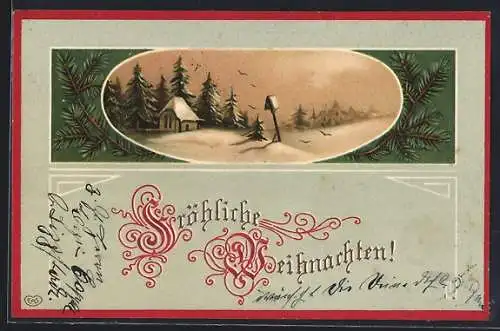 Präge-AK Fröhliche Weihnachten, Winterlandschaft im Tannenzweig-Passepartout