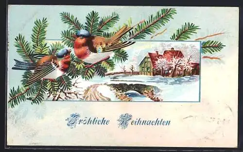 Präge-AK Fröhliche Weihnachten, Winterliches Haus im Passepartout mit Rotkehlchen und Tannenzweig