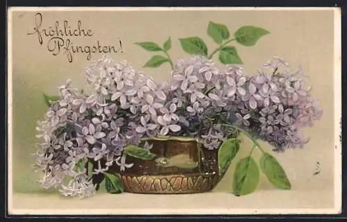 Präge-AK Fröhliche Pfingsten, Fliederblüten in einer Vase