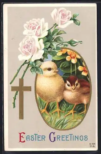 Präge-AK Osterküken im Rosen-Passepartout mit goldenem Kreuz