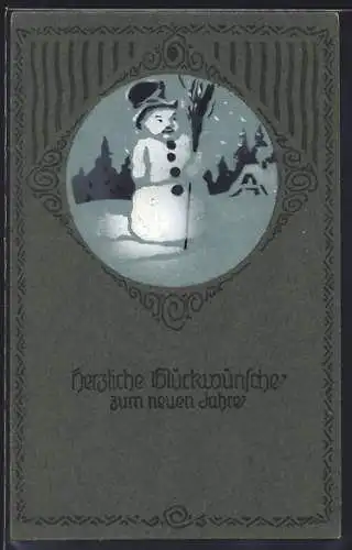 Künstler-AK Schneemann im Passepartout, Neujahrsgruss