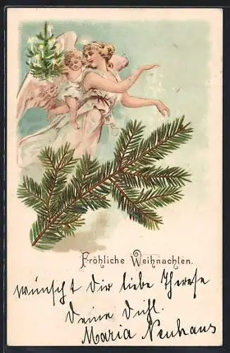 AK Weihnachtsengel mit Christkind und Tannengrün