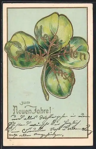 Präge-AK Kleeblatt mit goldenem Neujahrsgruss