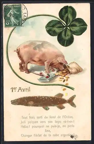 AK 1. April, Glücksschwein mit Geldbeutel und Kleeblatt