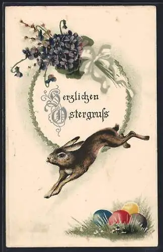 Präge-AK Herzlichen Ostergruss, Osterhase, bunte Eier und Schleife