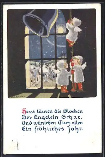 Künstler-AK Drei kleine Neujahrsengel läuten die Glocken zur Mitternachtsstunde