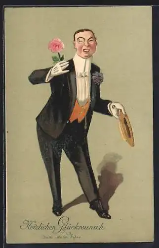 AK Herr mit Monokel und Strohhut grüsst zu Neujahr