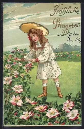 AK Pfingstgruss, Mädchen pflückt Rosen