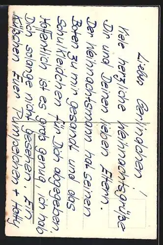 AK Weihnachtsengel sitzt mit Horn auf einem Schlitten