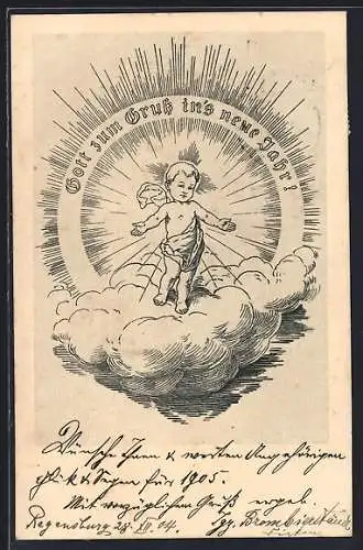 AK Christkind über den Wolken, Neujahrsgruss