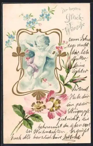 AK Kleiner Engel im Blumen-Passepartout, Jugendstil