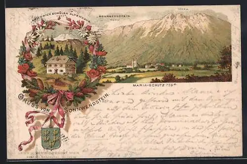 Lithographie Maria-Schutz, Friedrich Schüler Alpen-Gasthaus, Ortsansicht mit Sonnwendstein