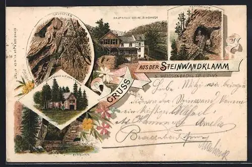 Lithographie Weissenbach a. Triesting, Steinwandklamm, Gasthaus beim Eingang, Schutzhaus auf dem Kreuth