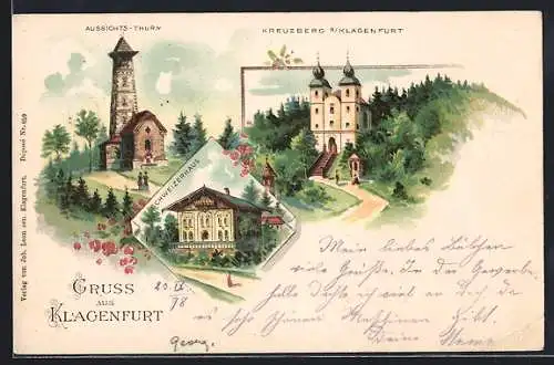 Lithographie Klagenfurt, Aussichtsturm und Schweizerhaus