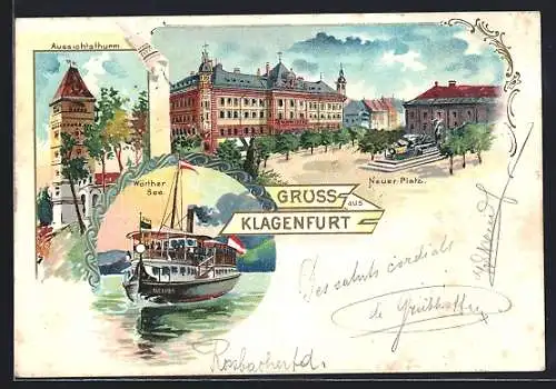 Lithographie Klagenfurt, Neuer Platz, Aussichtsturm und Dampfer auf dem Wörthersee