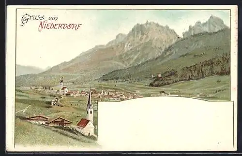 Lithographie Niederdorf, Totalansicht aus weiter Ferne