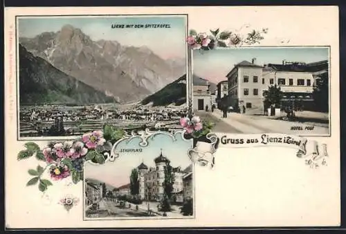 AK Lienz i. Tirol, Hotel Post, Stadtplatz, Blick gegen den Spitzkofel