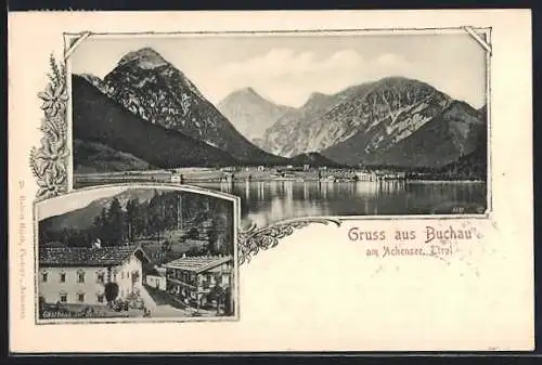 AK Buchau, Gasthaus zur Buchau, Blick vom Achensee auf den Ort