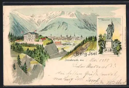 Lithographie Innsbruck, Berg Isel, Panorama mit Museum, Hofer-Denkmal