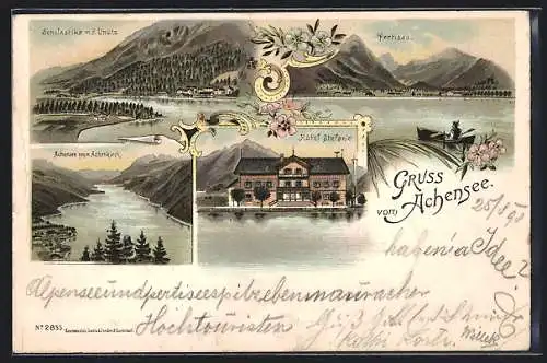 Lithographie Pertisau am Achensee, Hotel Stefanie, Scholastika mit Unütz, Ortsansicht