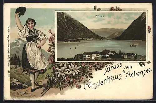 Lithographie Pertisau am Achensee, Fürstenhaus und Blick über den See, Mädel in Tracht