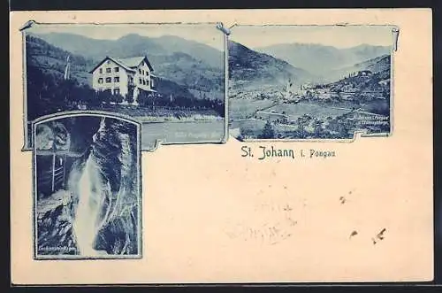 AK St. Johann im Pongau, Hotel Pongauer Hof, Wasserfall im Liechtensteinklamm, Ortsansicht