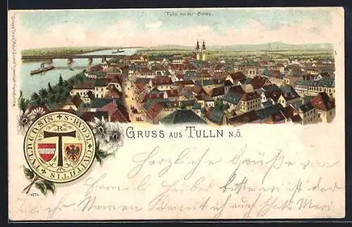 Lithographie Tulln /N.-Ö., Blick über die Dächer, Wappen