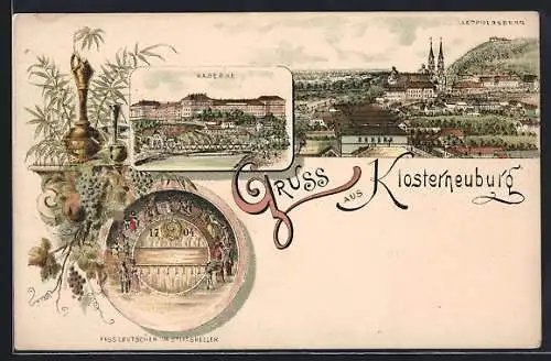 Lithographie Klosterneuburg, Kaserne, Fasslrutschen im Stiftskeller