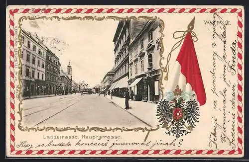 AK Wien, Landstrasse Hauptstrasse, Passepartout mit Flagge und Wappen