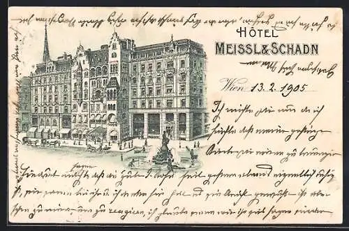 Lithographie Wien, Hotel Meissl & Schadn mit Brunnen