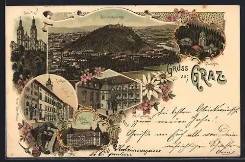 Lithographie Graz, Landhaus, Schloss Eggenberg, Ortsansicht