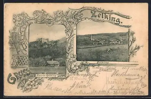 AK Zelking, Teilansicht mit Kirche, Ruine