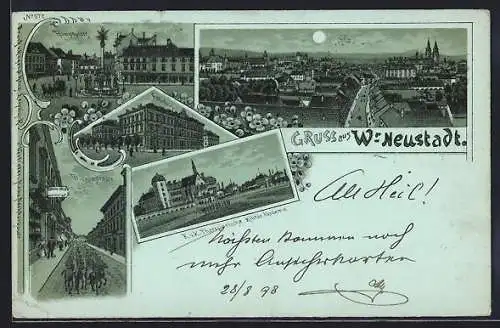 Mondschein-Lithographie Wr. Neustadt, Realschule, K. u. K. Theresianische Milität-Akademie, Hauptplatz