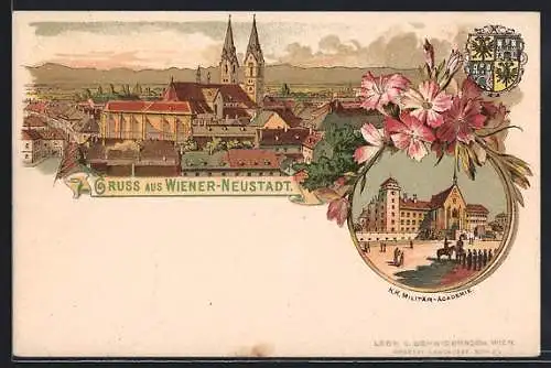 Lithographie Wiener-Neustadt, Teilansicht, K. K. Militär-Academie