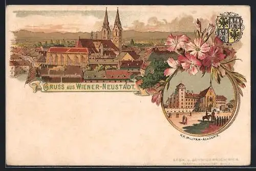 Lithographie Wiener-Neustadt, Teilansicht mit Kirche, K. K. Militär-Academie