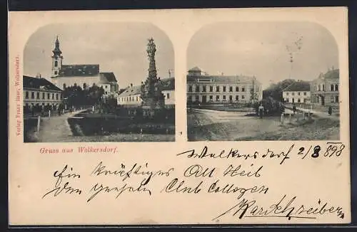 AK Wolkersdorf /N.-Oe., Kirchenplatz mit Pestsäule, Schule