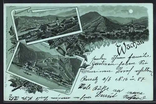 Mondschein-Lithographie Rossatz /Wachau, Teilansicht, Dürnstien, Spitz