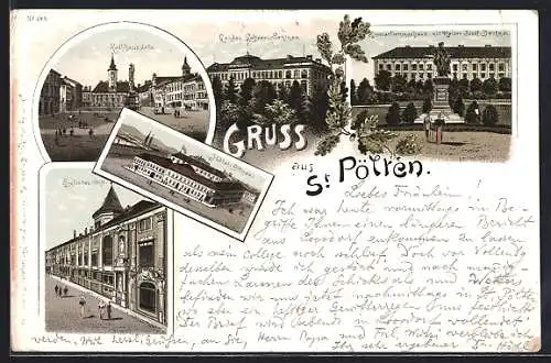 Lithographie St. Pölten, Hotel Pirrner, Englisches Stift, Landes-Lehrer-Seminar, Rathausplatz