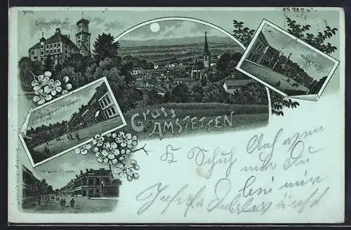 Mondschein-Lithographie Amstetten, Schloss Wallse, Hauptplatz, Wiener Strasse