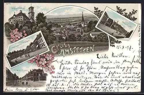 Lithographie Amstetten, Wiener Strasse, Hauptplatz, Schloss Walse, Totalansicht