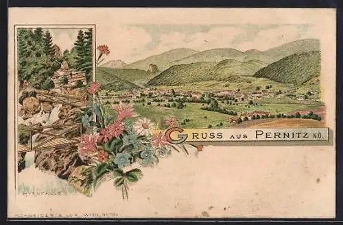 Lithographie Pernitz /N. Ö., Panorama, Myrafälle