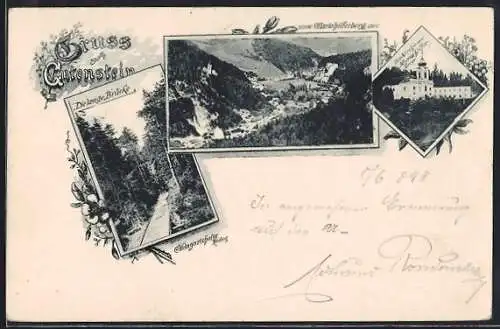 AK Gutenstein, Teilansicht vom Mariahilferberg aus, Kirche am Mariahilferberg, Lange Brücke