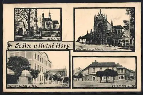 AK Kutna Hora, Kostnice, Velechrám p. Marie, Kromenského, Palackého ulice